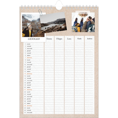 Calendario famiglia A4 verticale — Calendario naturale artigianale - Famiglia di 5 [Gennaio]